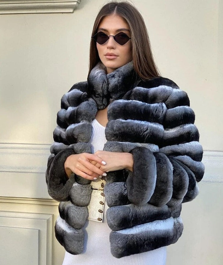 Chinchilla Style Genuine Rex Rabbit Fur Coat Short