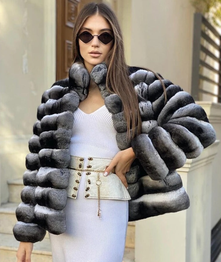 Chinchilla Style Genuine Rex Rabbit Fur Coat Short