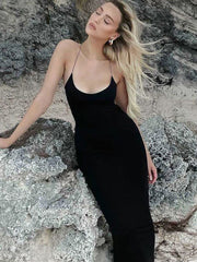 Black Bodycon Backless Thin Strap Maxi Dress