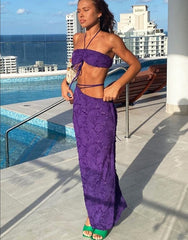 Purple Tube Crop Top And Maxi Skirt Tie Up Set