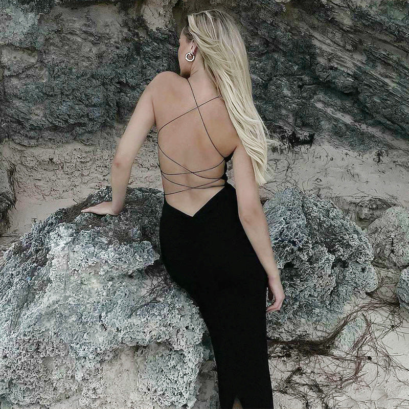 Black Bodycon Backless Thin Strap Maxi Dress