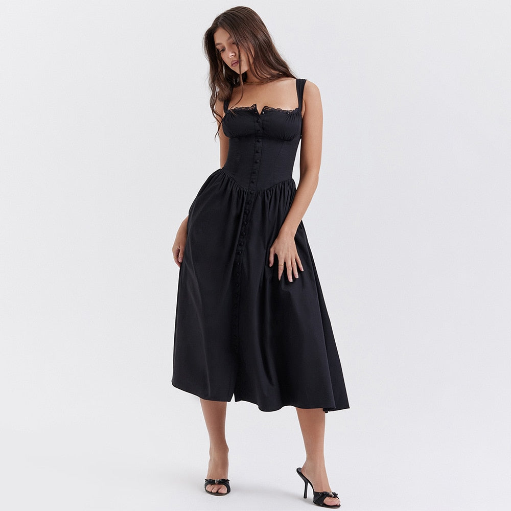 Buttoned Frill Strap Midi Dress