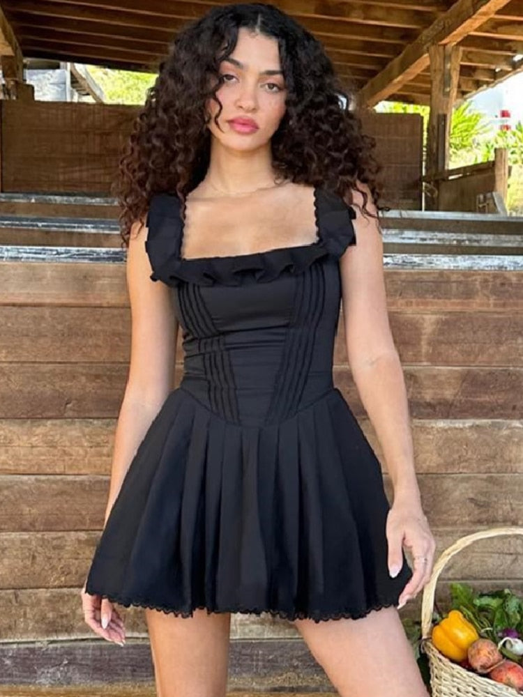 Black Corset Square Neck Frill Strap Mini Dress