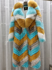 Thin Striped Color Pattern Real Fox Fur Coats  X-Long