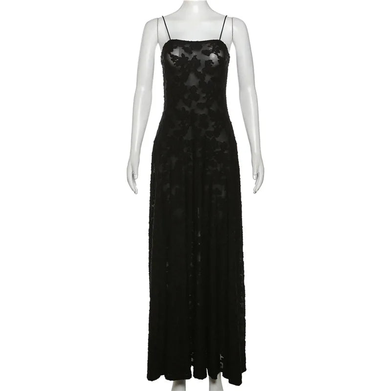 Black Embroidered Sheer Strappy Maxi Dress