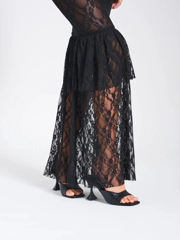 Black Lace Frill Sheer Tube Corset Maxi Dress