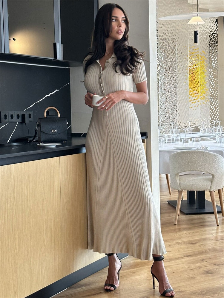 Knit Short Sleeve Collar Maxi Dress