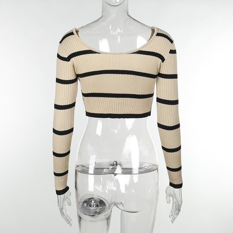 Striped Ribbed Long Sleeve Crop Top