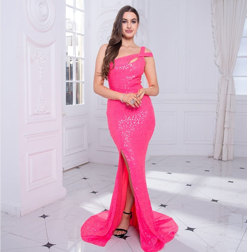 Pink Sequin One Shoulder Sleeveless Maxi Dress