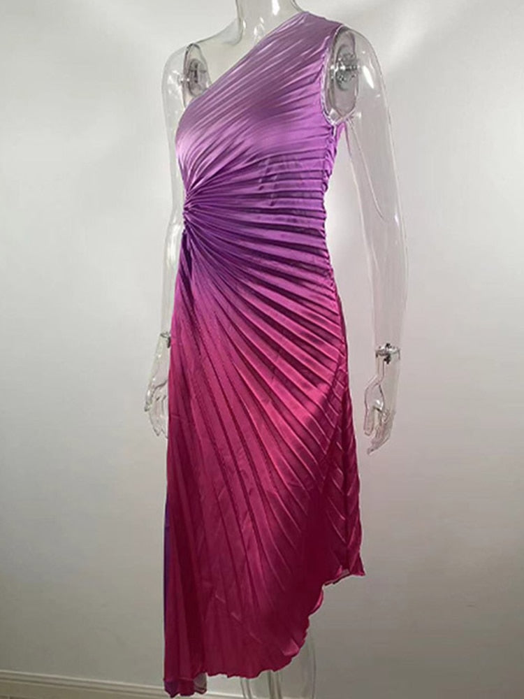 Pink Gradient Pleated One-Shoulder Maxi Dress