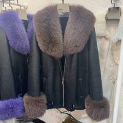 Genuine Leather Coats Real Shearling Fur Collar & Cuffs