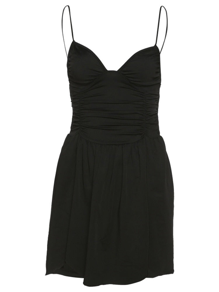 Black Ruched Backless Mini Strap Dress