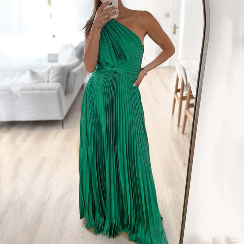 Satin Pleated Drape Sleeve Floor-Length Dresses