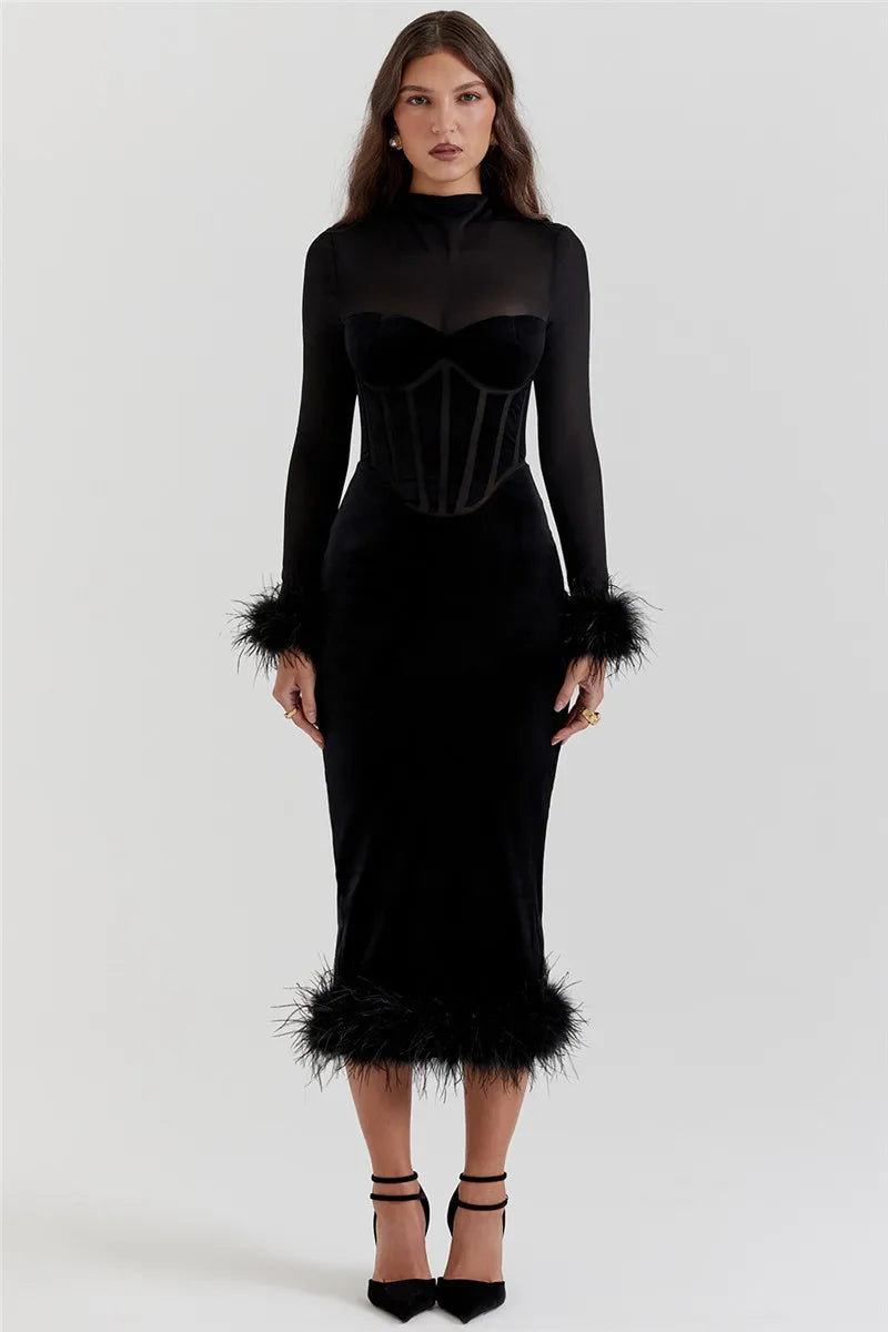 Black Velvet Long Sleeve Fur Trim Bodycon Midi Dress