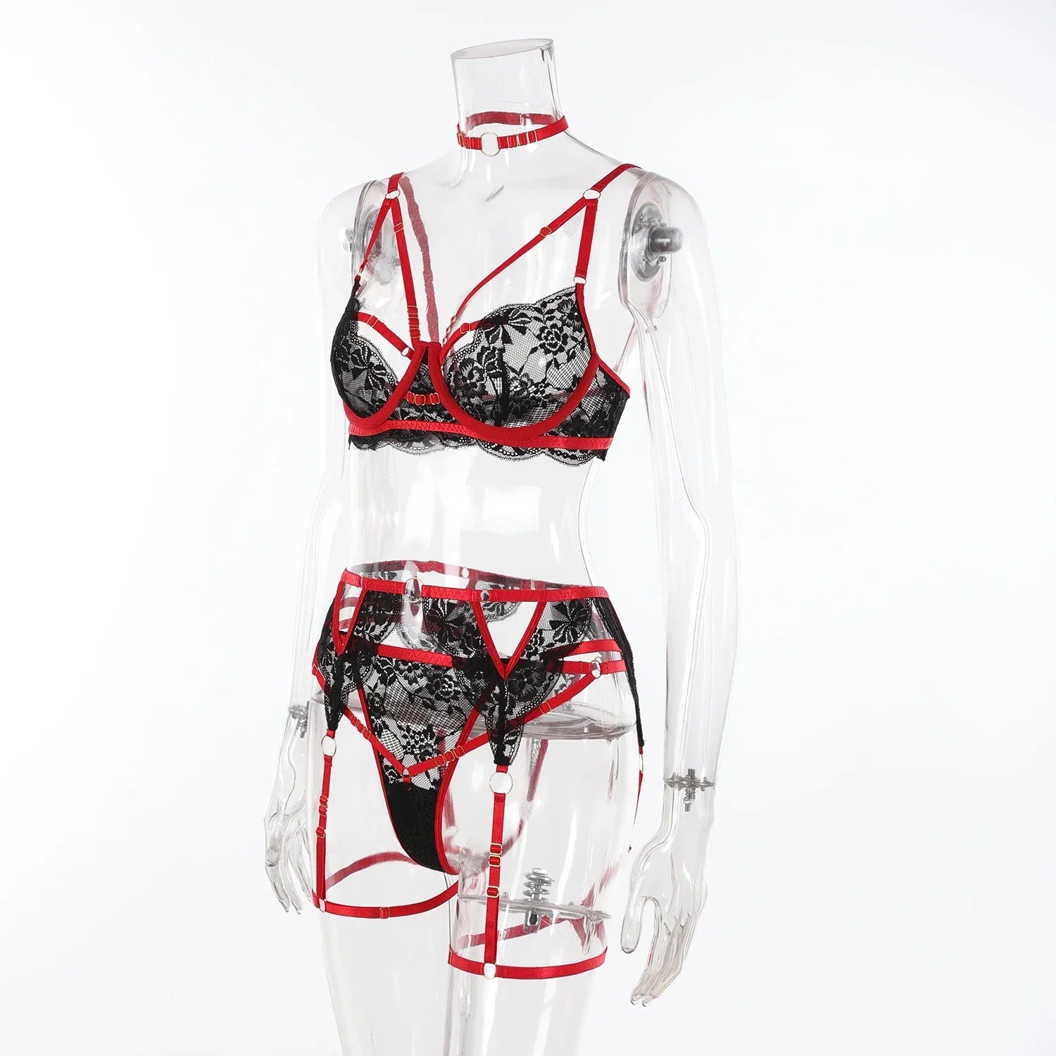 Black Lace Red Strap Contrast Lingerie Set