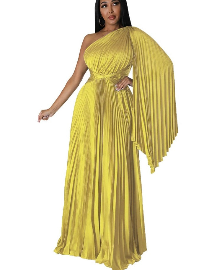 Satin Pleated Drape Sleeve Floor-Length Dresses