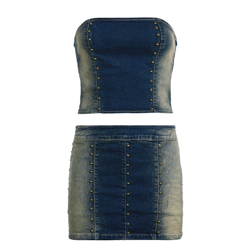 Denim Beaded Tube Top And Mini Skirt Set