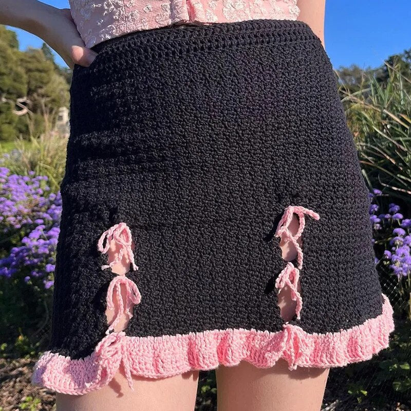 Knitted Bow Tie Up Slit Mini Skirt