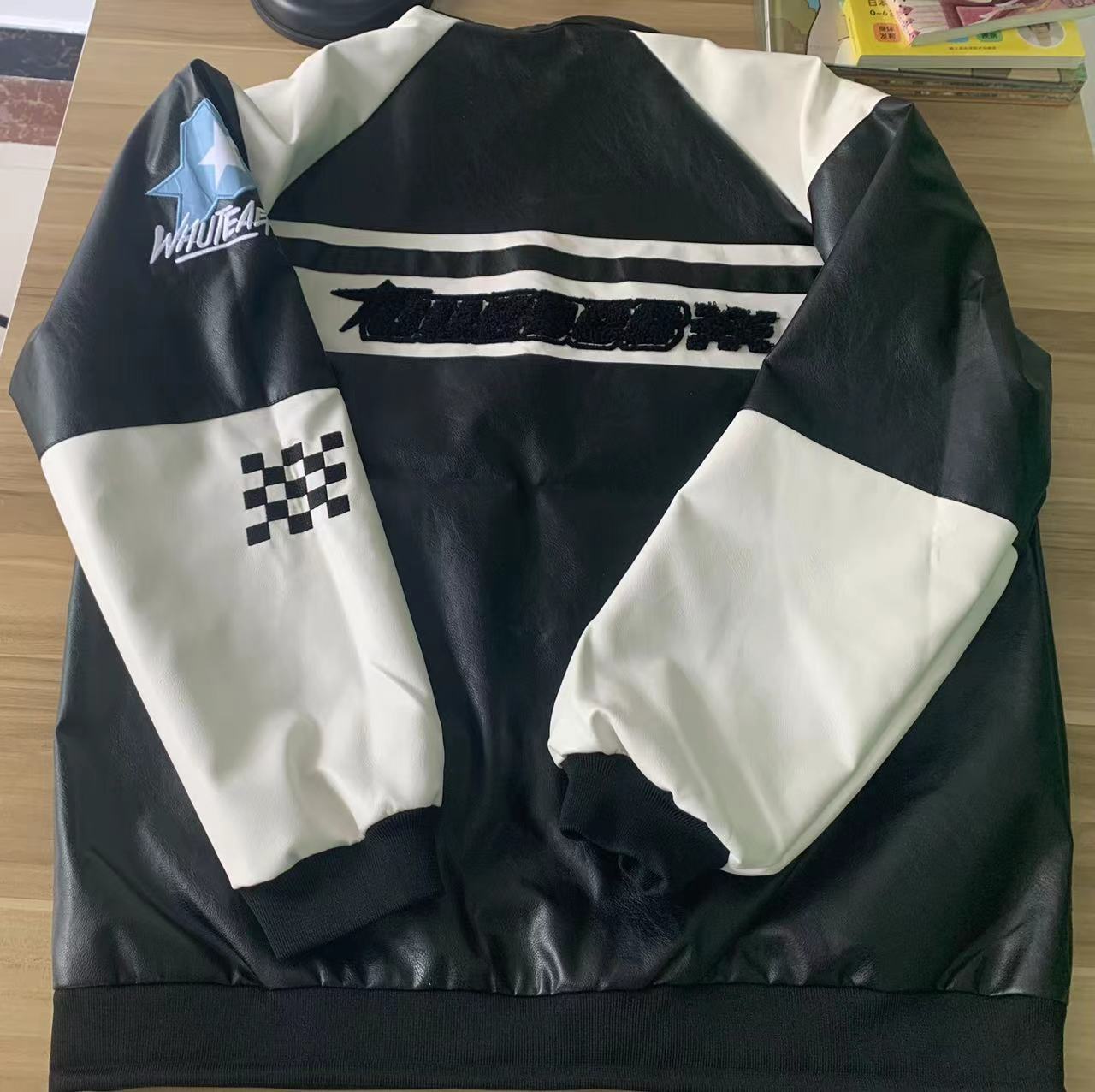 Faux Leather Racing Embroidered Bomber Jacket