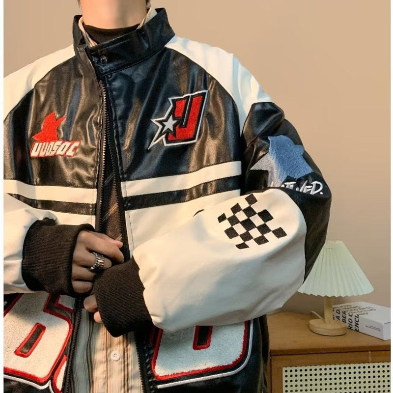 Faux Leather Racing Embroidered Bomber Jacket