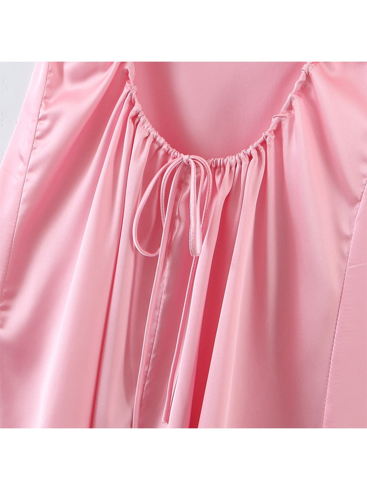 Pink Satin Pleated Cupped Strap Slip Dress