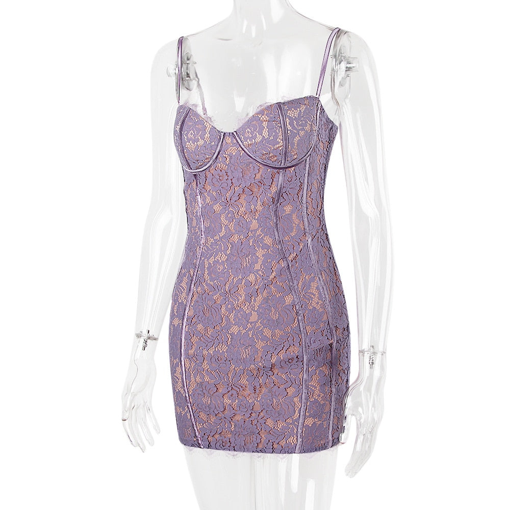 Purple Lace Sleeveless Backless Mini Dress