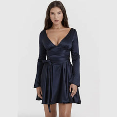 Blue Satin Long Sleeve Ribbon Tie Around Mini Dress