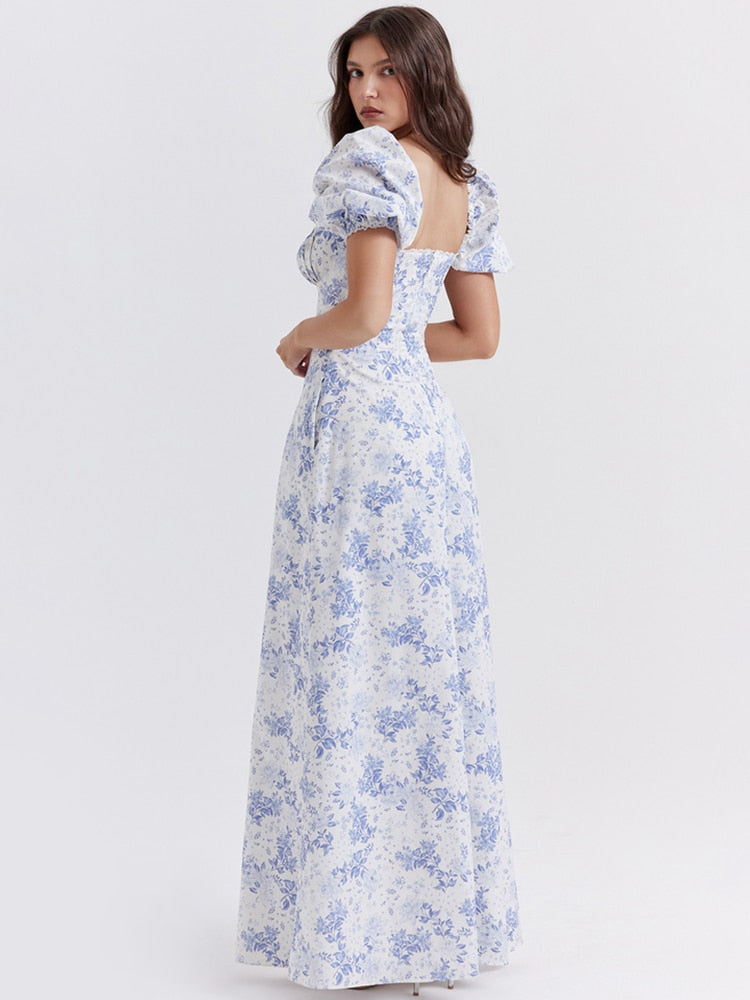 Blue Floral Print Short Puff Sleeve With Pocket Maxi Dress