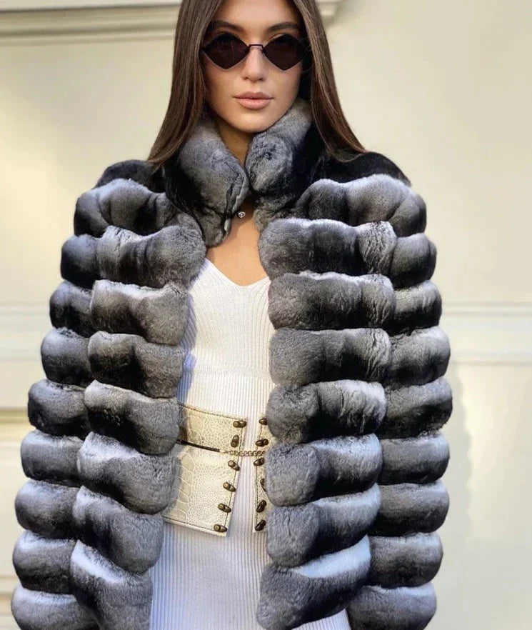 Chinchilla Style Genuine Rex Rabbit Fur Coat Short