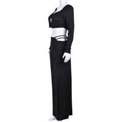 Black Long Sleeve Cut Out And Maxi Skirt Two Piece Set