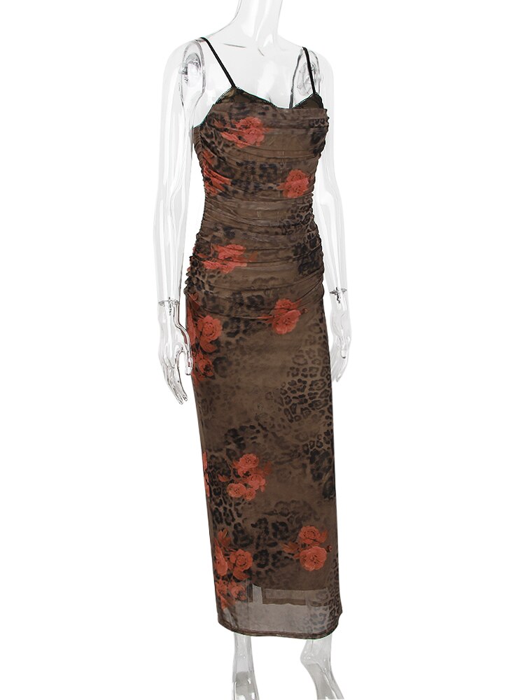 Brown Mesh Printed Corset Midi Dress