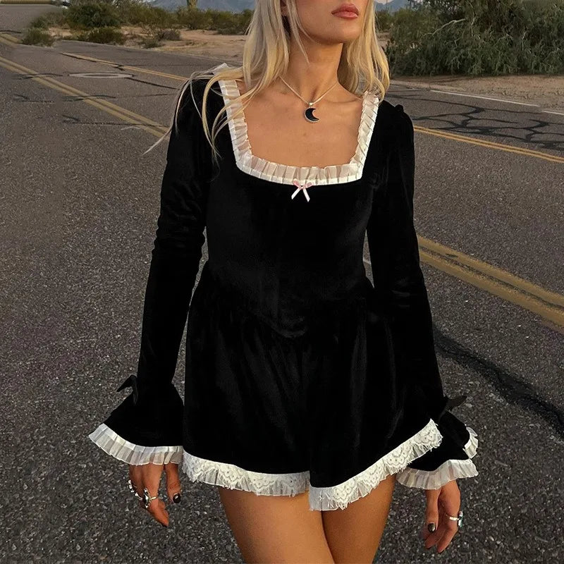 Black Lace Frill Long Sleeve Mini Dress