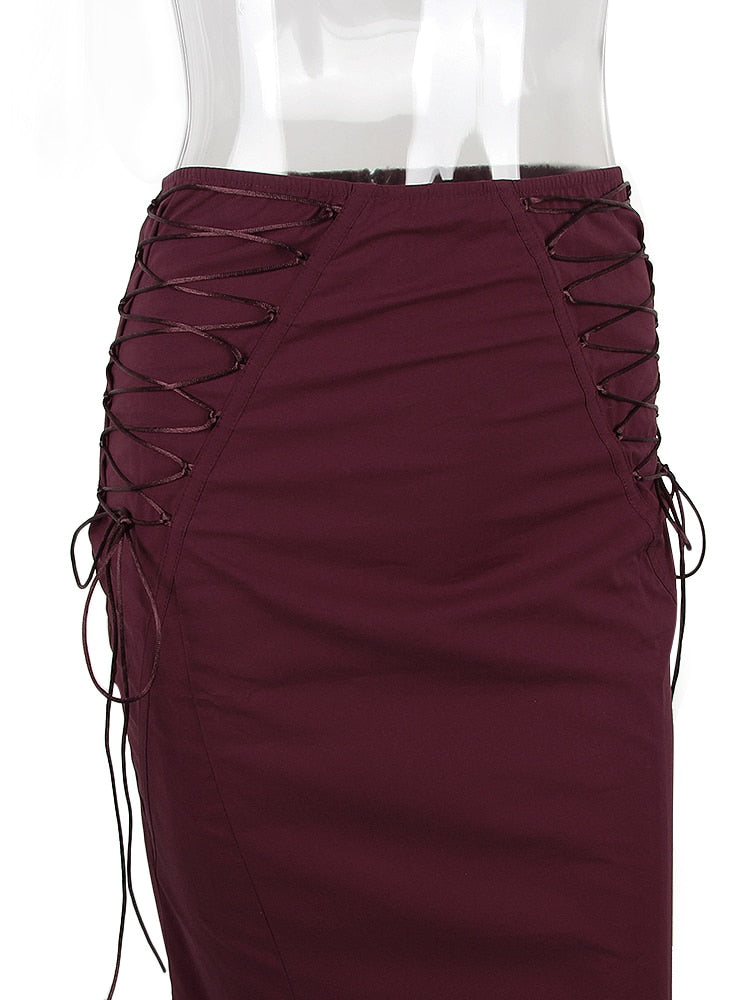 Burgundy Strap Corset Top And Lace Tie-Up Midi Skirt Set