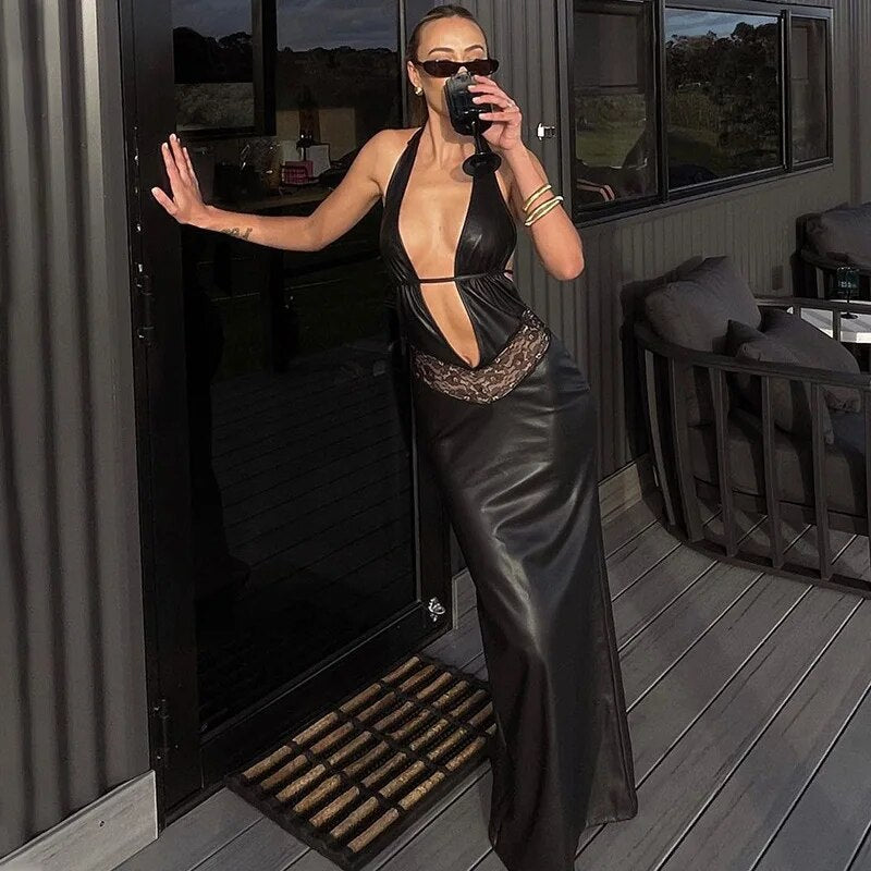 Black Faux Leather Deep V-Halter Backless Maxi Dress