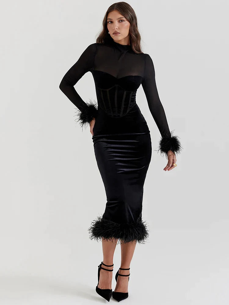 Black Velvet Long Sleeve Fur Trim Bodycon Midi Dress