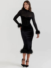 Black Velvet Long Sleeve Fur Trim Bodycon Midi Dress