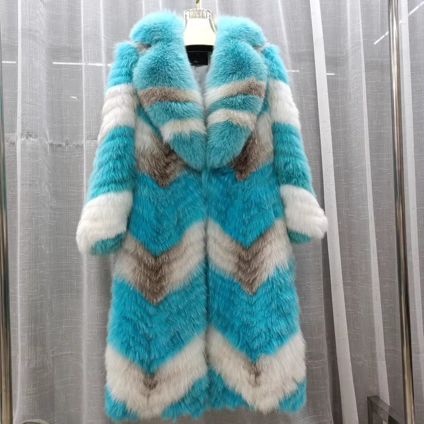 Thin Striped Color Pattern Real Fox Fur Coats  X-Long