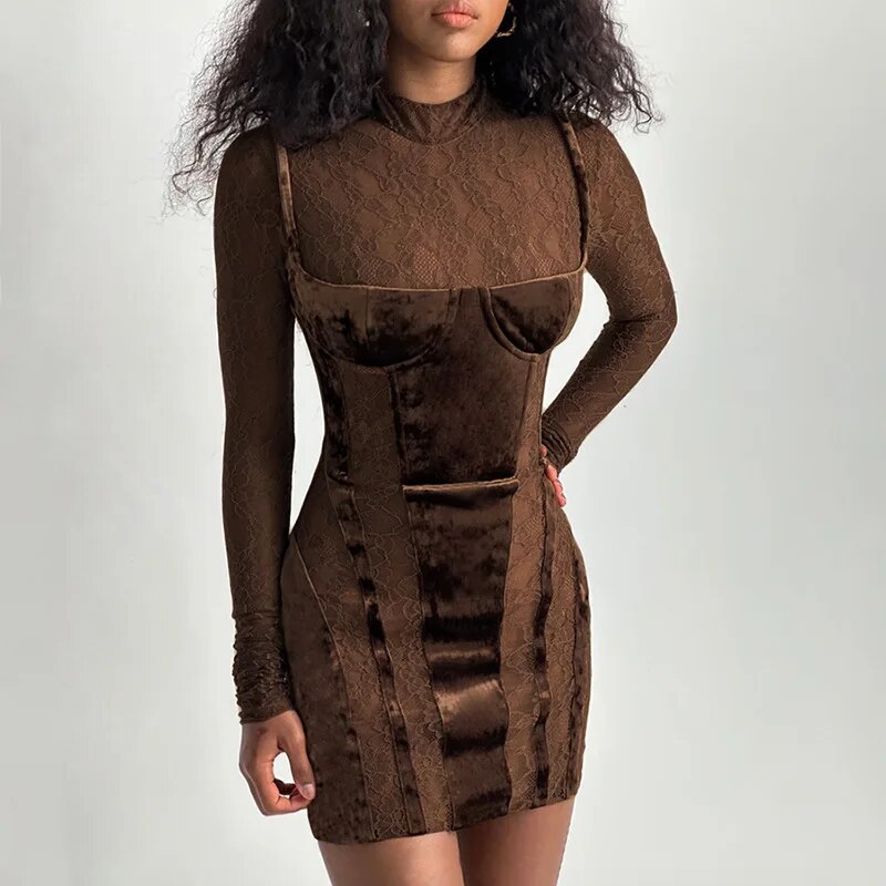 Brown Velvet Patchwork Lace Long Sleeve Bodycon Mini Dress