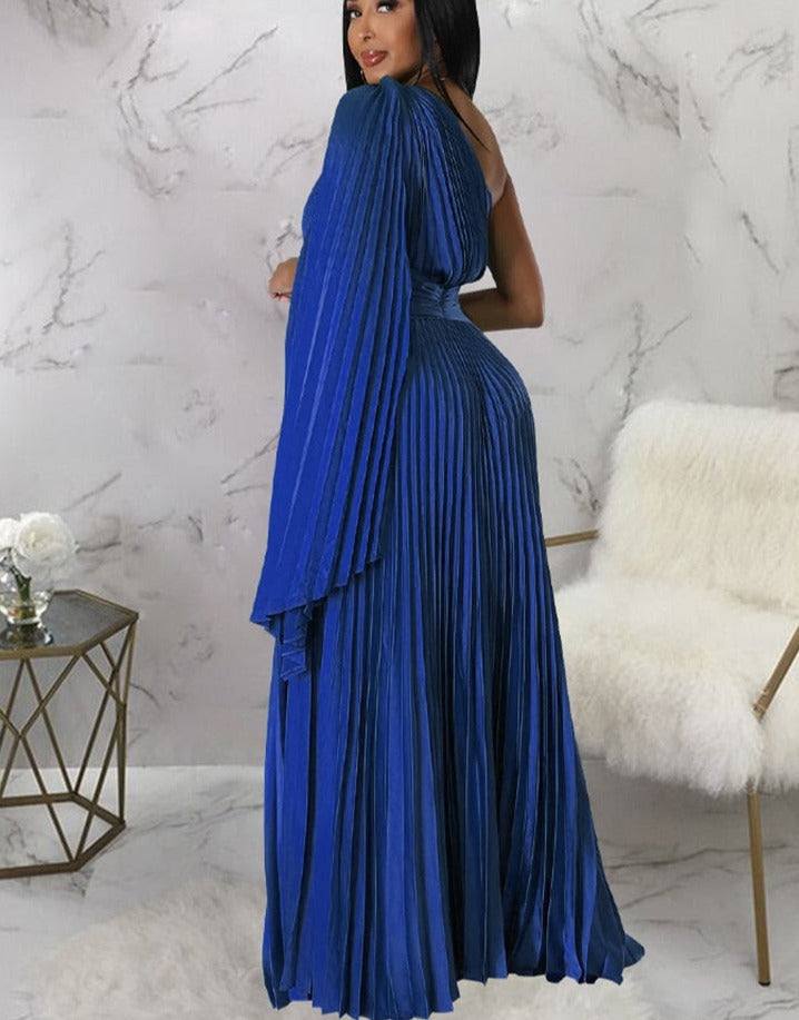 Satin Pleated Drape Sleeve Floor-Length Dresses