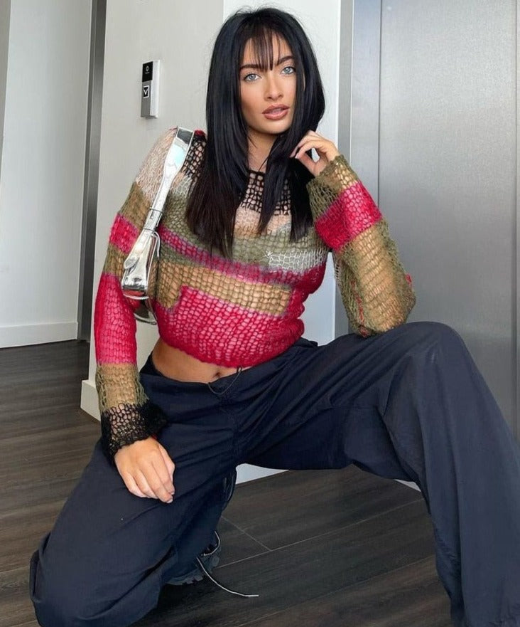 Knitted Mesh Multi Color Long-sleeved Top