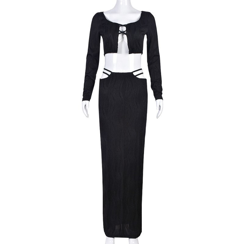 Black Long Sleeve Cut Out And Maxi Skirt Two Piece Set