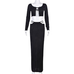 Black Long Sleeve Cut Out And Maxi Skirt Two Piece Set