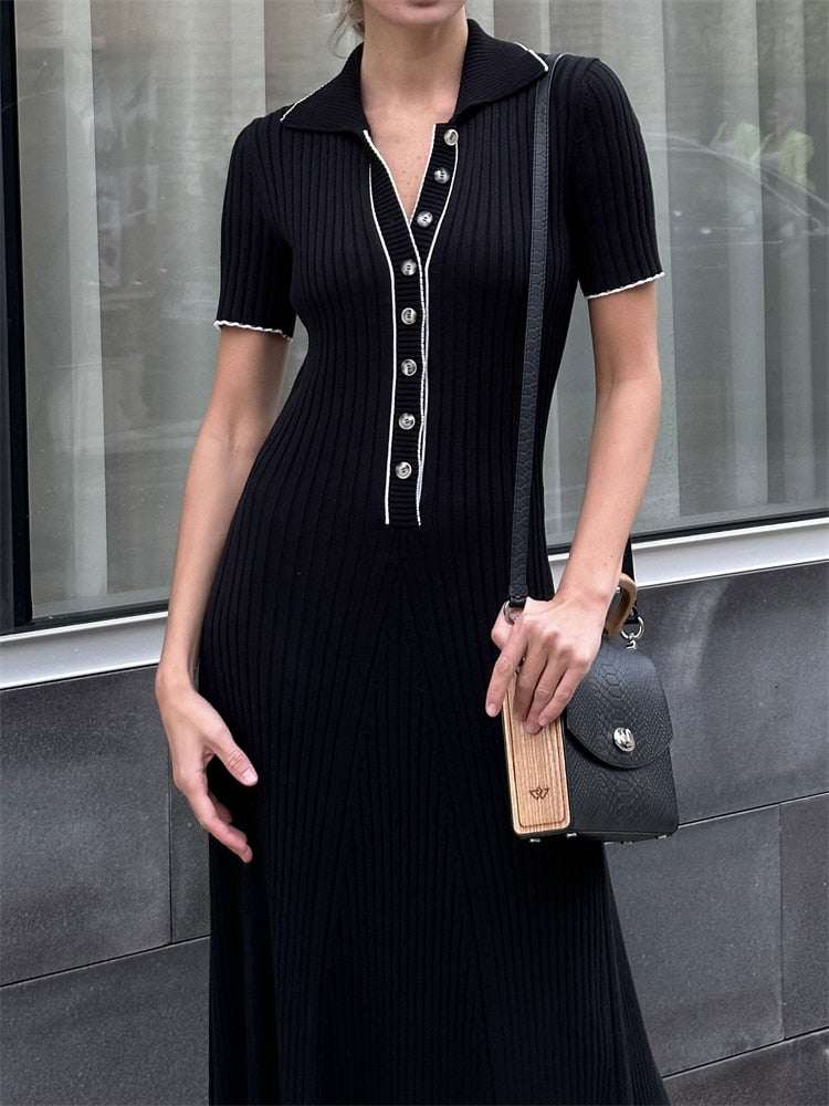 Knit Short Sleeve Collar Maxi Dress