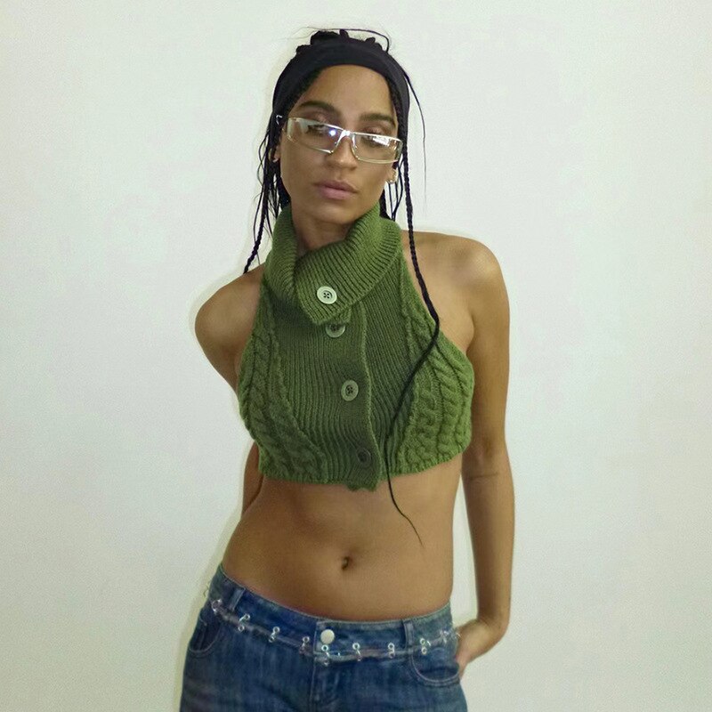 Green Knit Button Turtleneck Crop Top