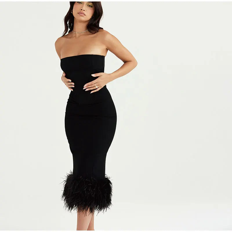 Corset Tube Fur Trim Bodycon Midi Dress