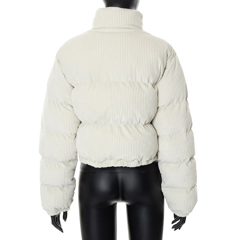 White Corduroy Cropped Puffer Zipper Jacket