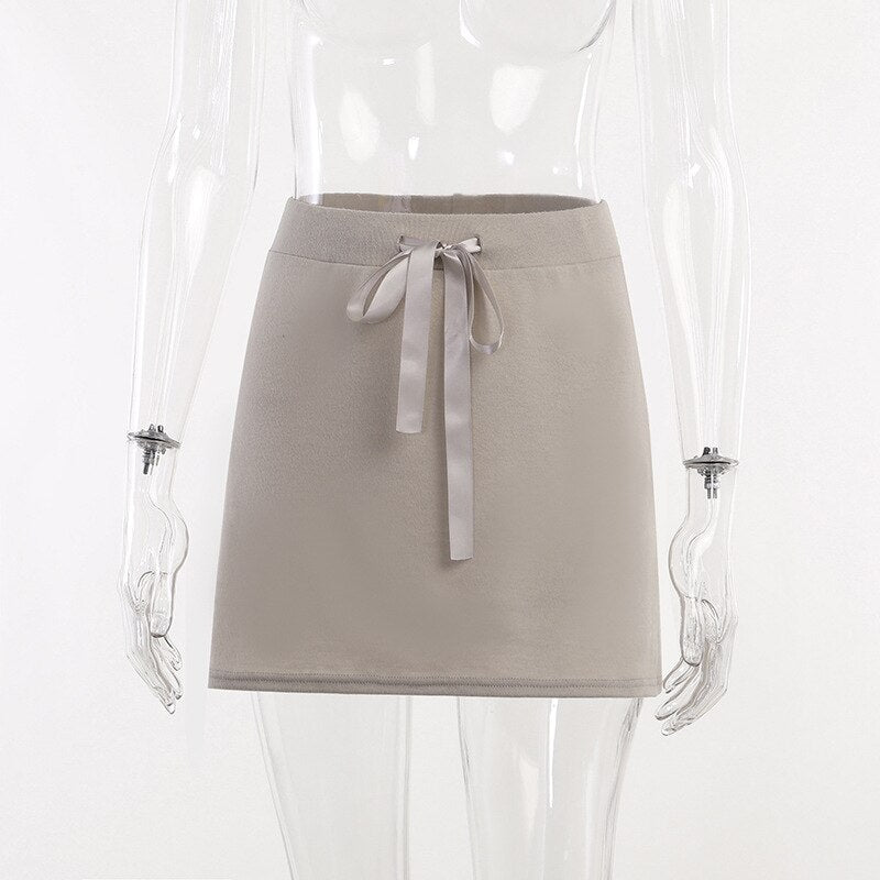 Beige Drawstring Ribbon Top And Mini Skirt Set