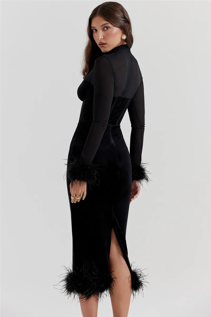 Black Velvet Long Sleeve Fur Trim Bodycon Midi Dress