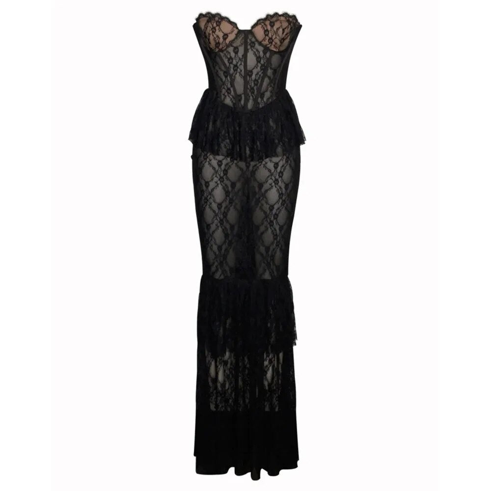 Black Lace Frill Sheer Tube Corset Maxi Dress