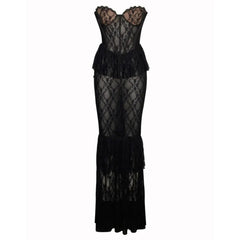 Black Lace Frill Sheer Tube Corset Maxi Dress